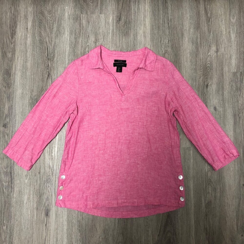 Tahari 100% Linen Pink Tunic Top Women's Size Large Mother of Pearl Buttons